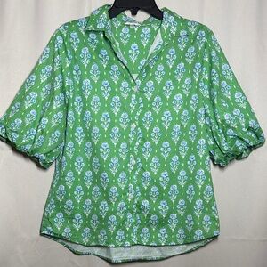 Patty Kim Morgan Top Green Blue Floral Button Down Puff Sleeve Top Medium